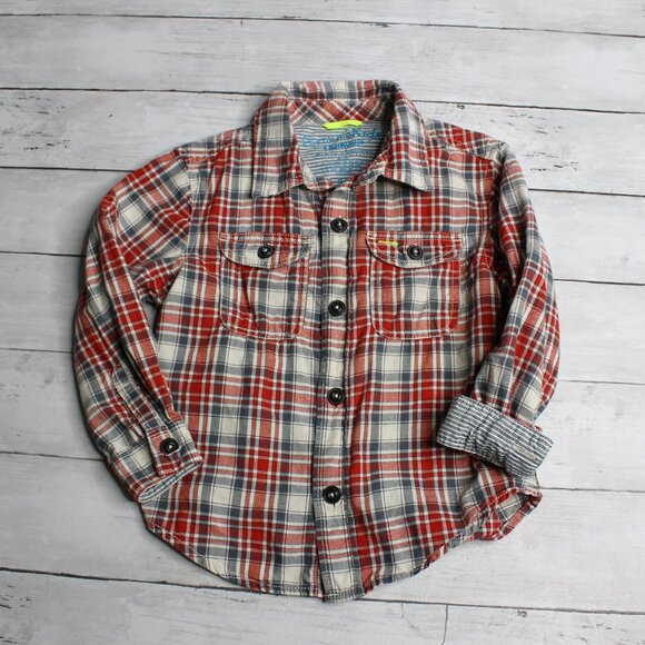 Oshkosh Boy's Button Up Dress Shirt Toddler Size 4T Red Blue Plaid Long - Picture 1 of 5